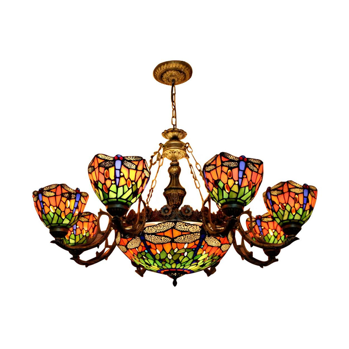 Vintage Tiffany Bedroom Stained Glass Round Chandelier Image - 5