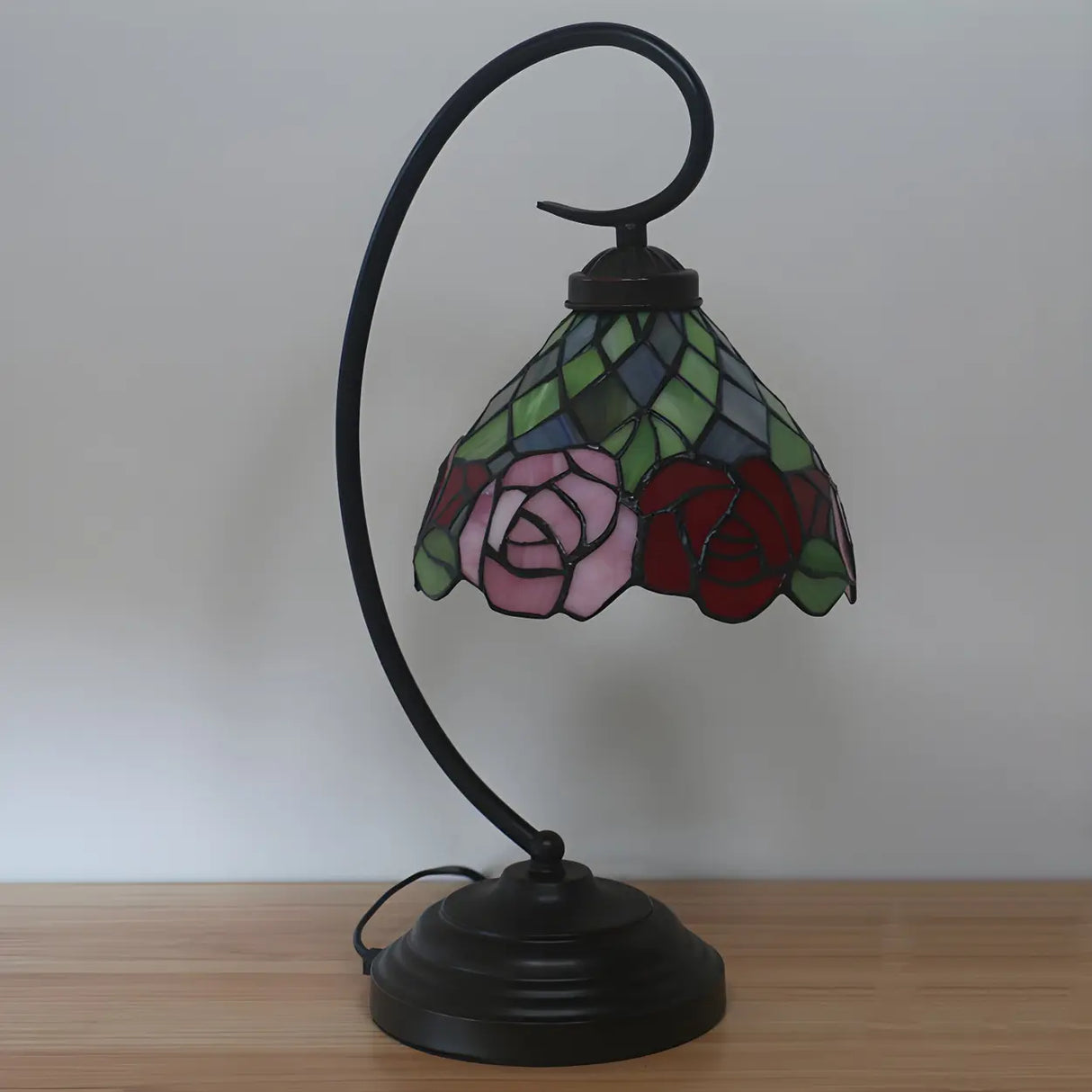 Vintage Tiffany Stained Glass Rose Metal Desk Lamp Image - 2