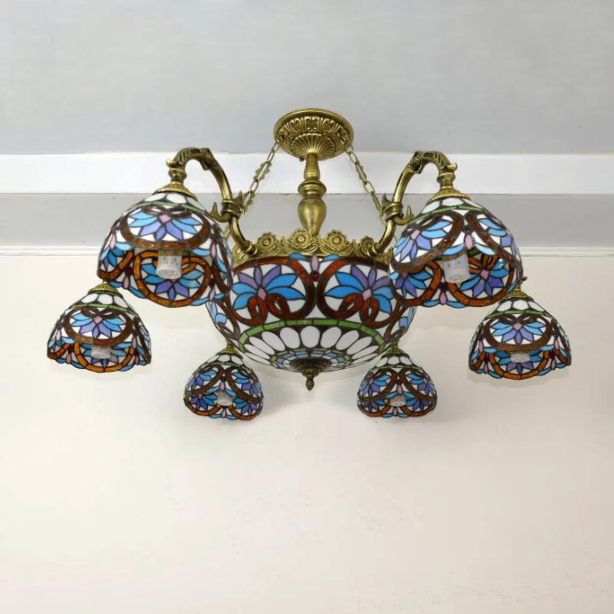 Vintage Tiffany Stained Glass Round Dome Chandelier Image - 16