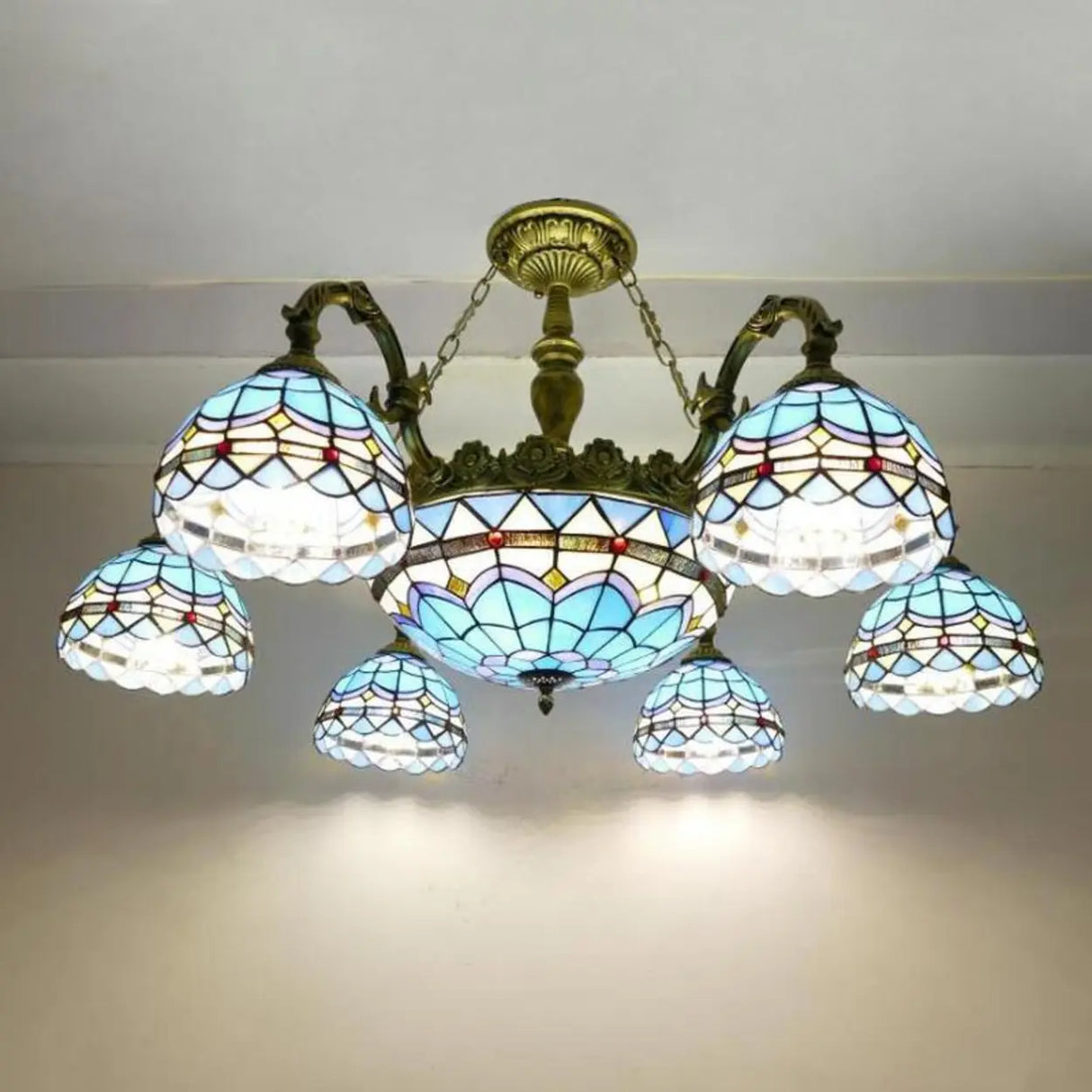 Vintage Tiffany Stained Glass Round Dome Chandelier Image - 3