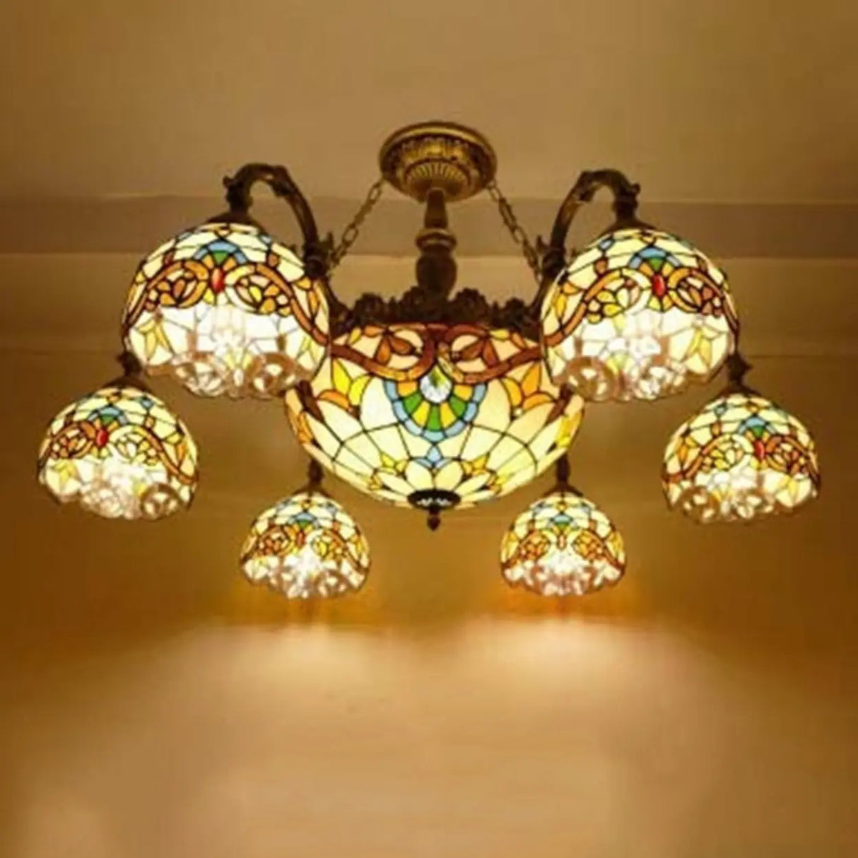 Vintage Tiffany Stained Glass Round Dome Chandelier Image - 5