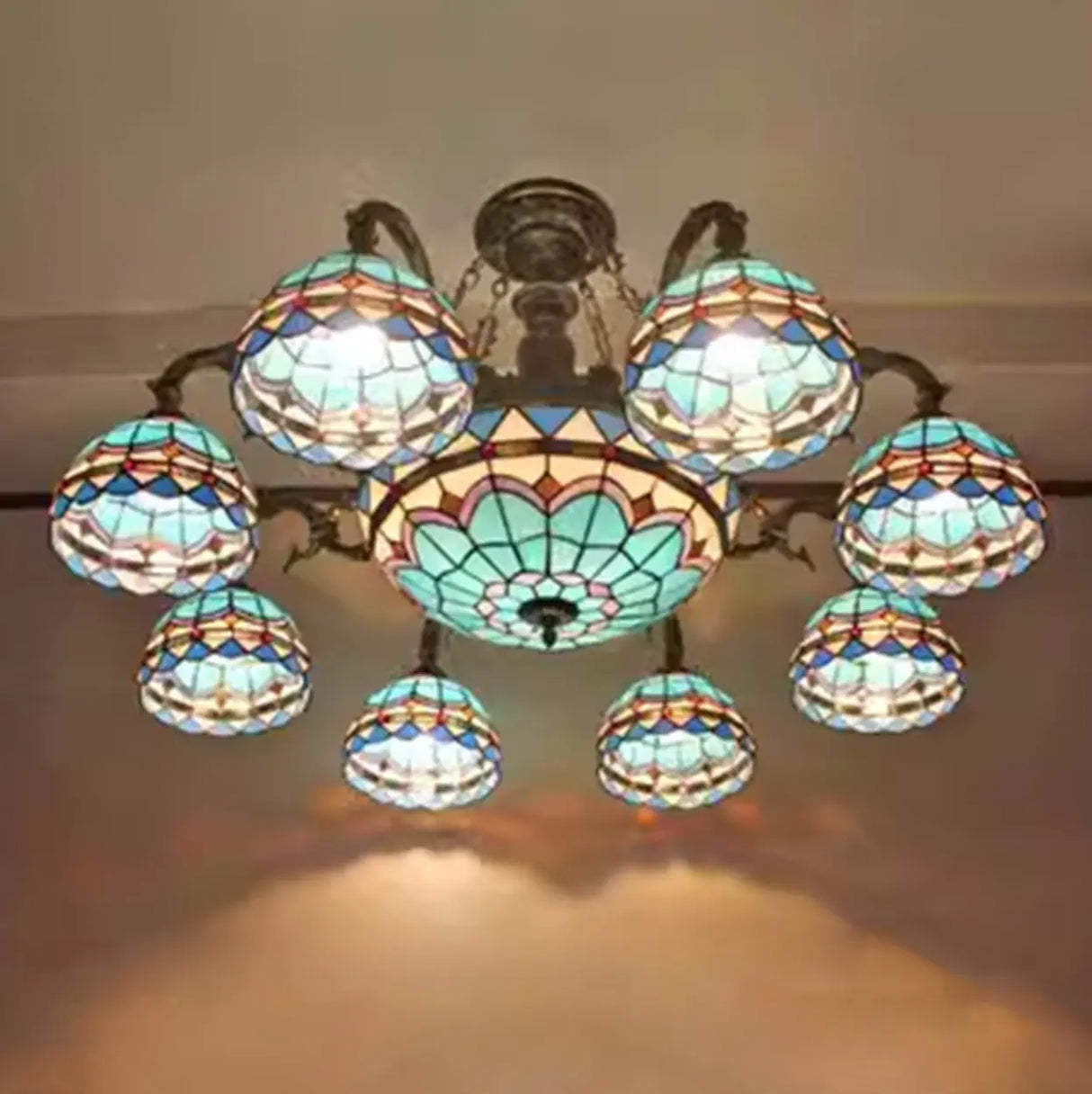 Vintage Tiffany Stained Glass Round Dome Chandelier Image - 7