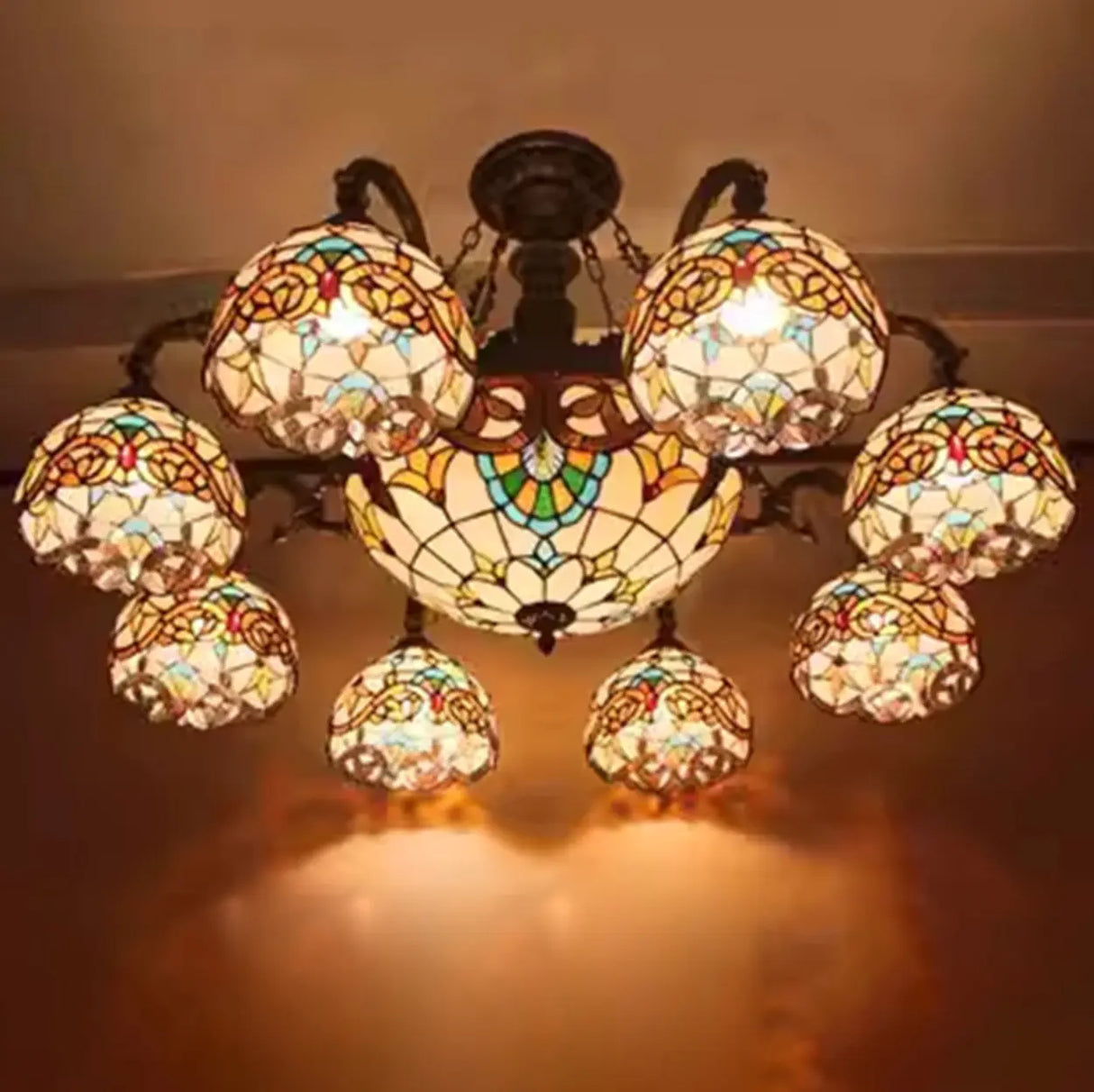 Vintage Tiffany Stained Glass Round Dome Chandelier Image - 8