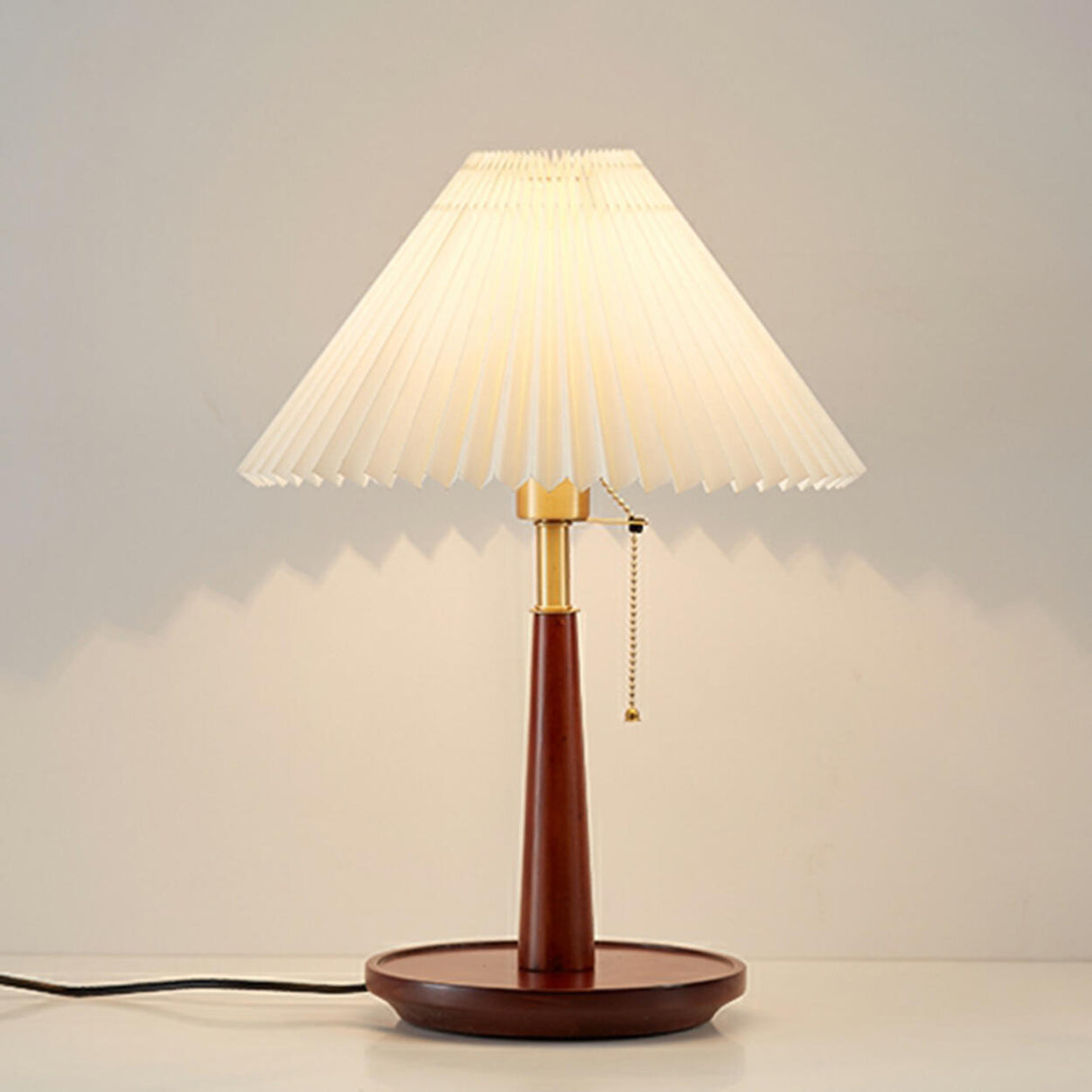 Vintage Walnut Rosewood Pleated Shade Metal Table Lamp Image - 2