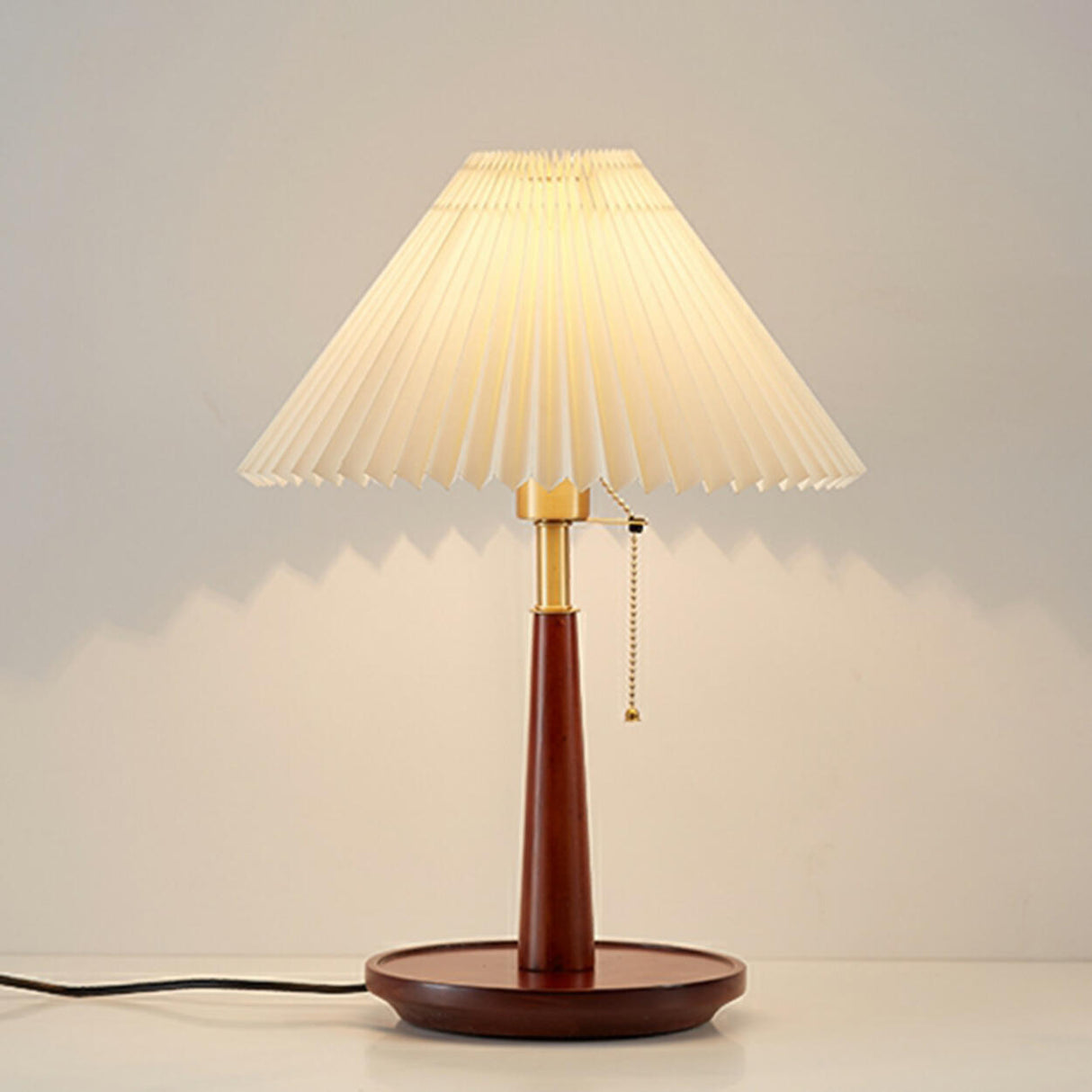 Vintage Walnut Rosewood Pleated Shade Metal Table Lamp Image - 3