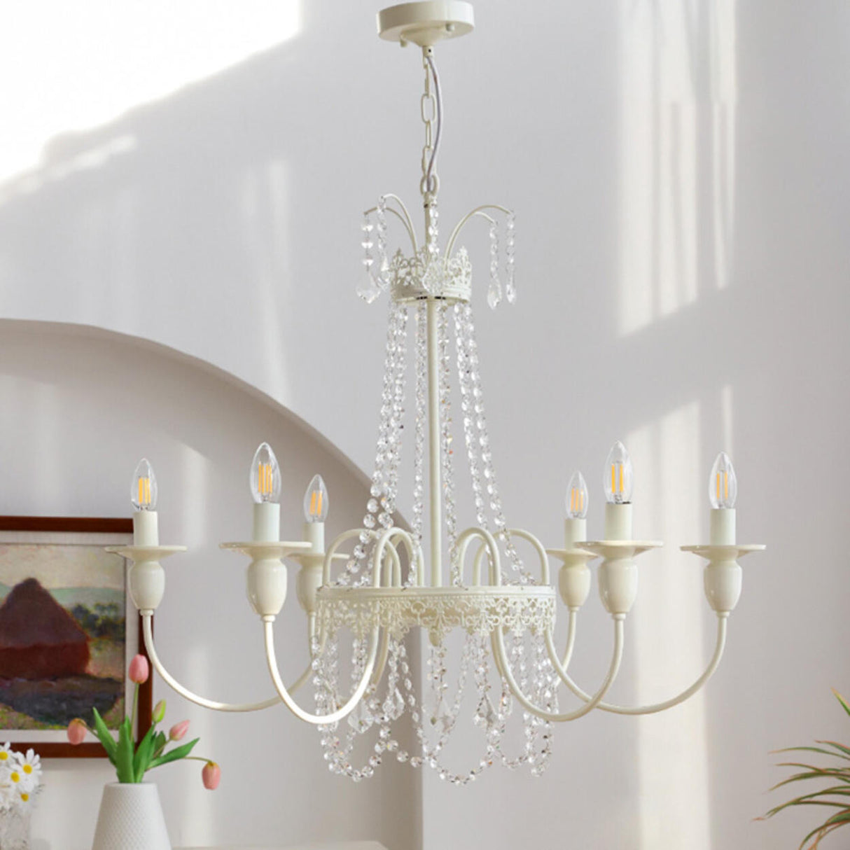 Vintage White Clear Crystal Bead Candle Chandelier Image - 2