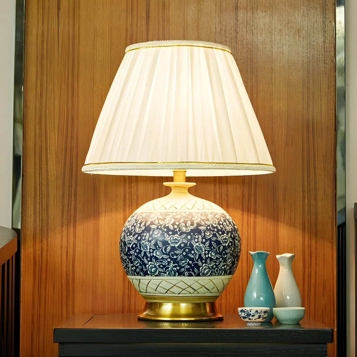 Vintage White Fabric Shade Globe Ceramic Table Lamp Image - 1