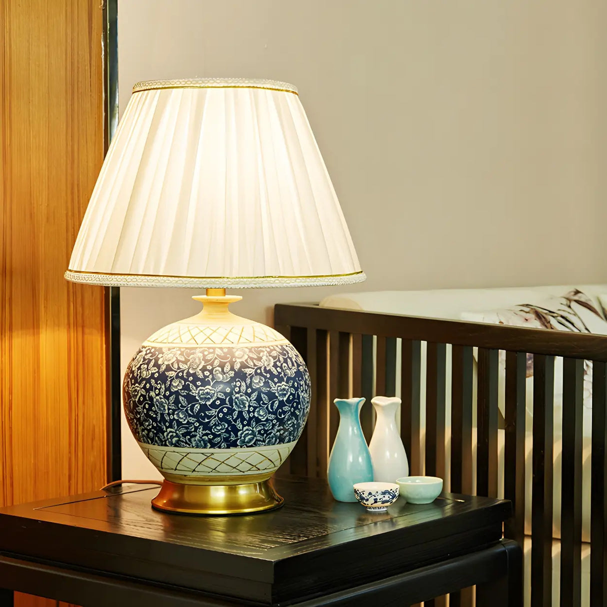 Vintage White Fabric Shade Globe Ceramic Table Lamp Image - 3