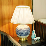 Vintage White Fabric Shade Globe Ceramic Table Lamp Image - 14