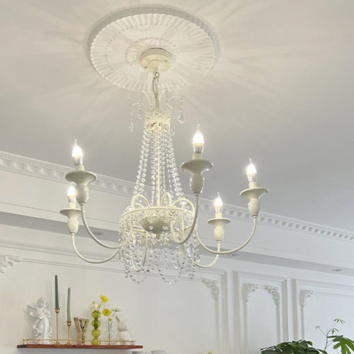 Vintage White Metal Adjustable Chain Candle Chandelier Image - 8