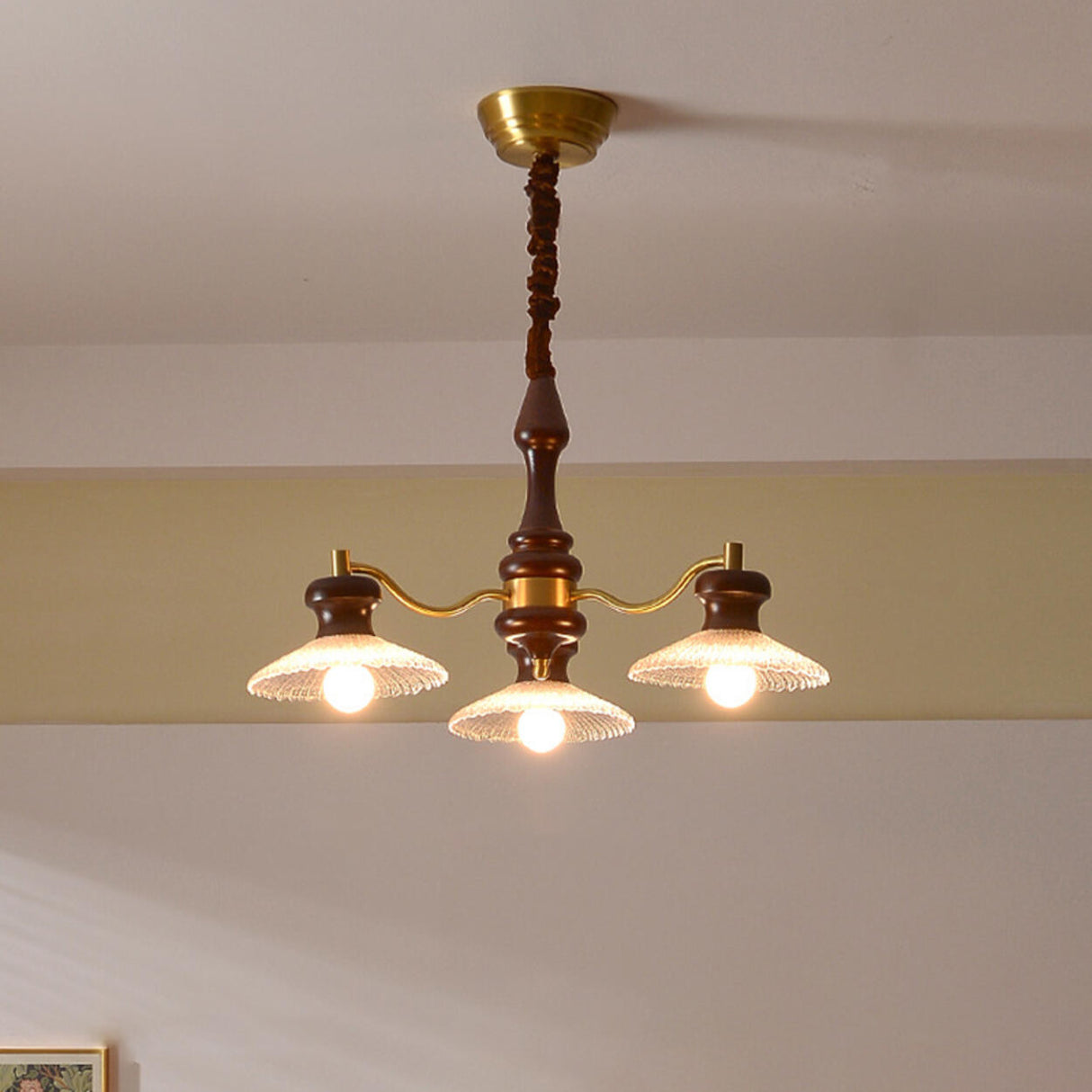 Vintage Wood and Brass Textured Glass Cone Round Chandelier Image - 2