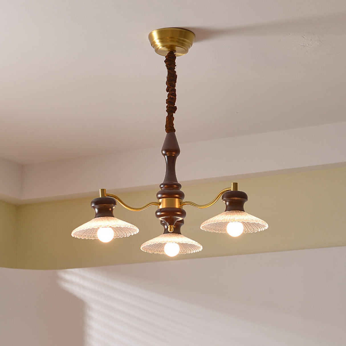 Vintage Wood and Brass Textured Glass Cone Round Chandelier Image - 7