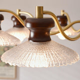 Vintage Wood and Brass Textured Glass Cone Round Chandelier Image - 9