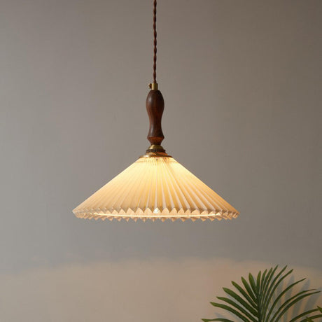 Vintage Wood Fabric Pleated Cone Pendant Light Bedroom Image - 2