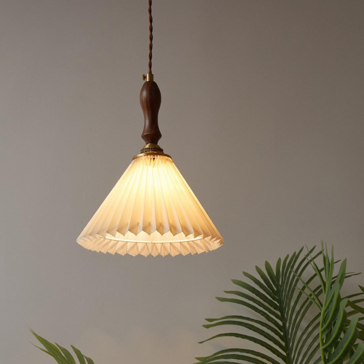 Vintage Wood Fabric Pleated Cone Pendant Light Bedroom Image - 3