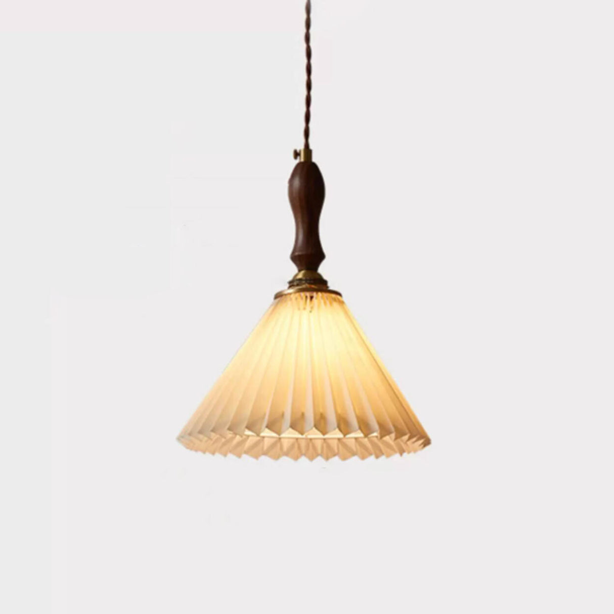 Vintage Wood Fabric Pleated Cone Pendant Light Bedroom Image - 4