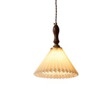 Vintage Wood Fabric Pleated Cone Pendant Light Bedroom Image - 6