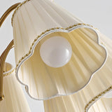 Vintage Wooden Gold Flower Flared Pleated Fabric Chandelier Image - 13