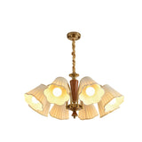 Vintage Wooden Gold Flower Flared Pleated Fabric Chandelier Image - 5