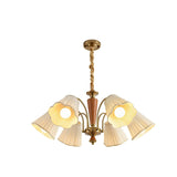 Vintage Wooden Gold Flower Flared Pleated Fabric Chandelier Image - 8