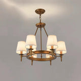 Wagon Wheel Metal White Fabric Chandelier Adjustable Height Image - 11