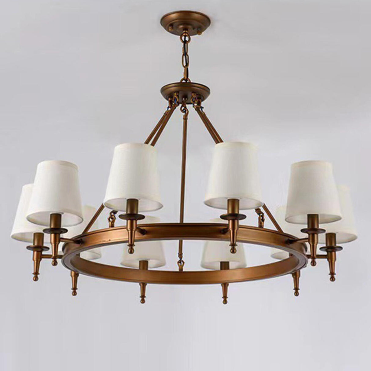 Wagon Wheel Metal White Fabric Chandelier Adjustable Height Image - 12