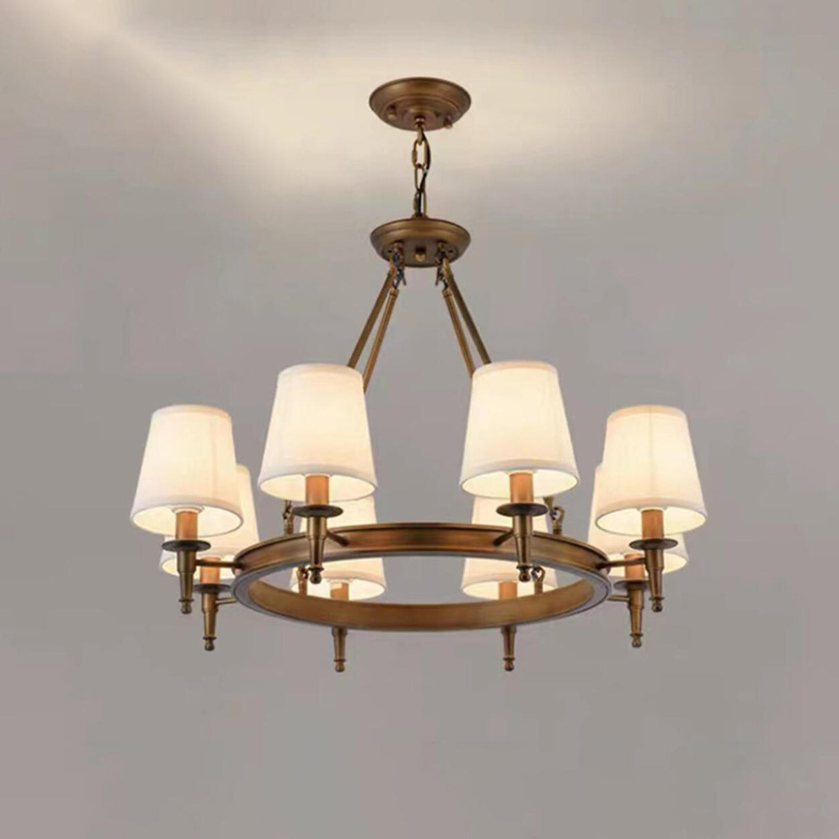 Wagon Wheel Metal White Fabric Chandelier Adjustable Height Image - 13