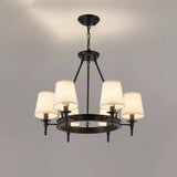 Wagon Wheel Metal White Fabric Chandelier Adjustable Height Image - 4