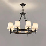 Wagon Wheel Metal White Fabric Chandelier Adjustable Height Image - 5