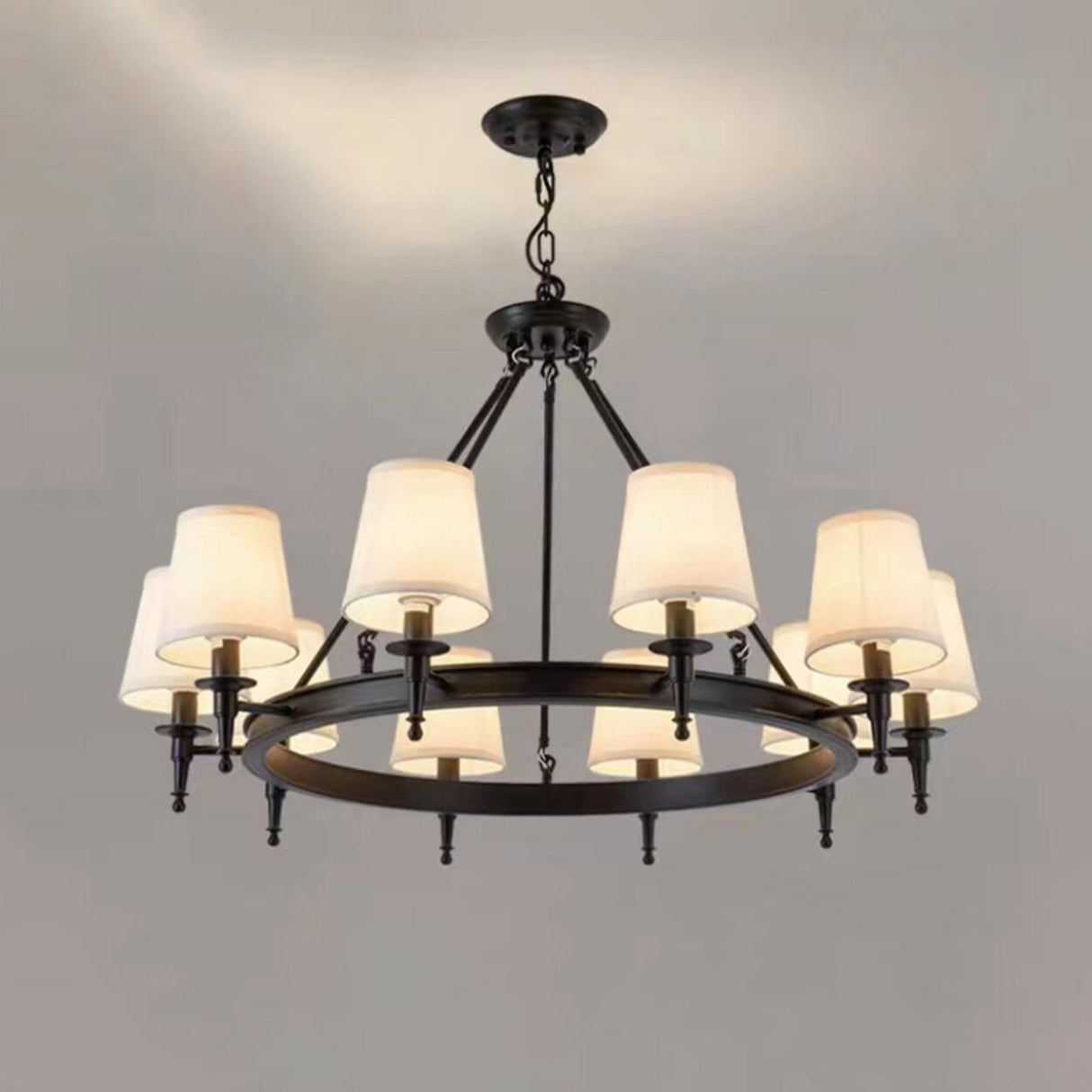 Wagon Wheel Metal White Fabric Chandelier Adjustable Height Image - 7