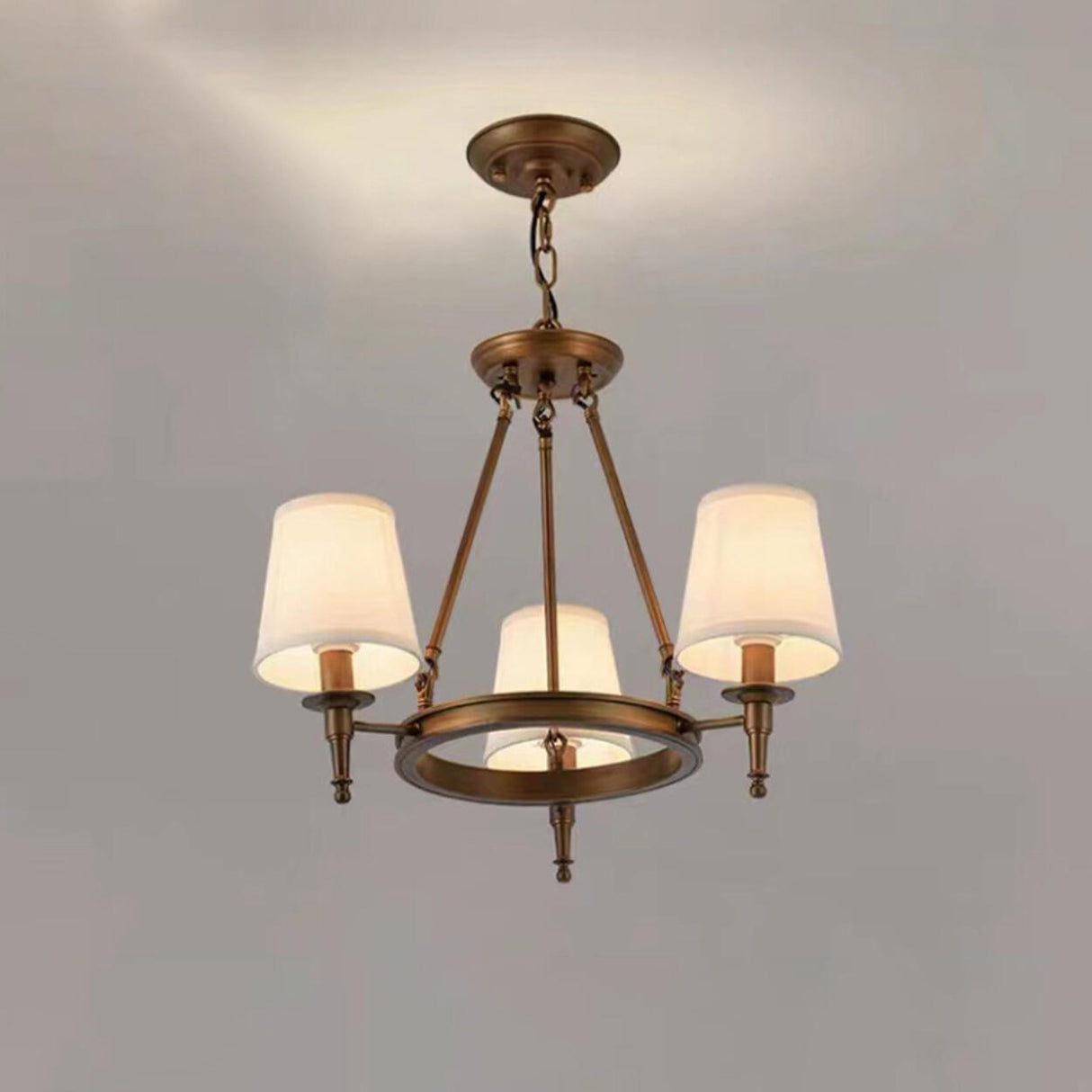 Wagon Wheel Metal White Fabric Chandelier Adjustable Height Image - 9