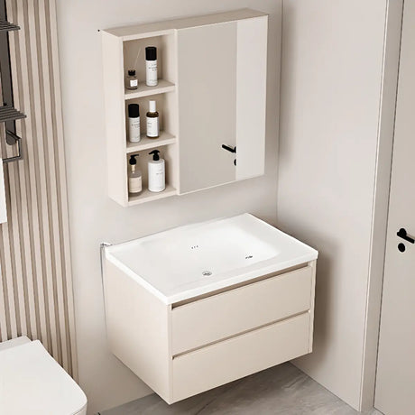 Wall Mounted Cream Sink Wood Bathroom Vanity Cabinet Image - 1