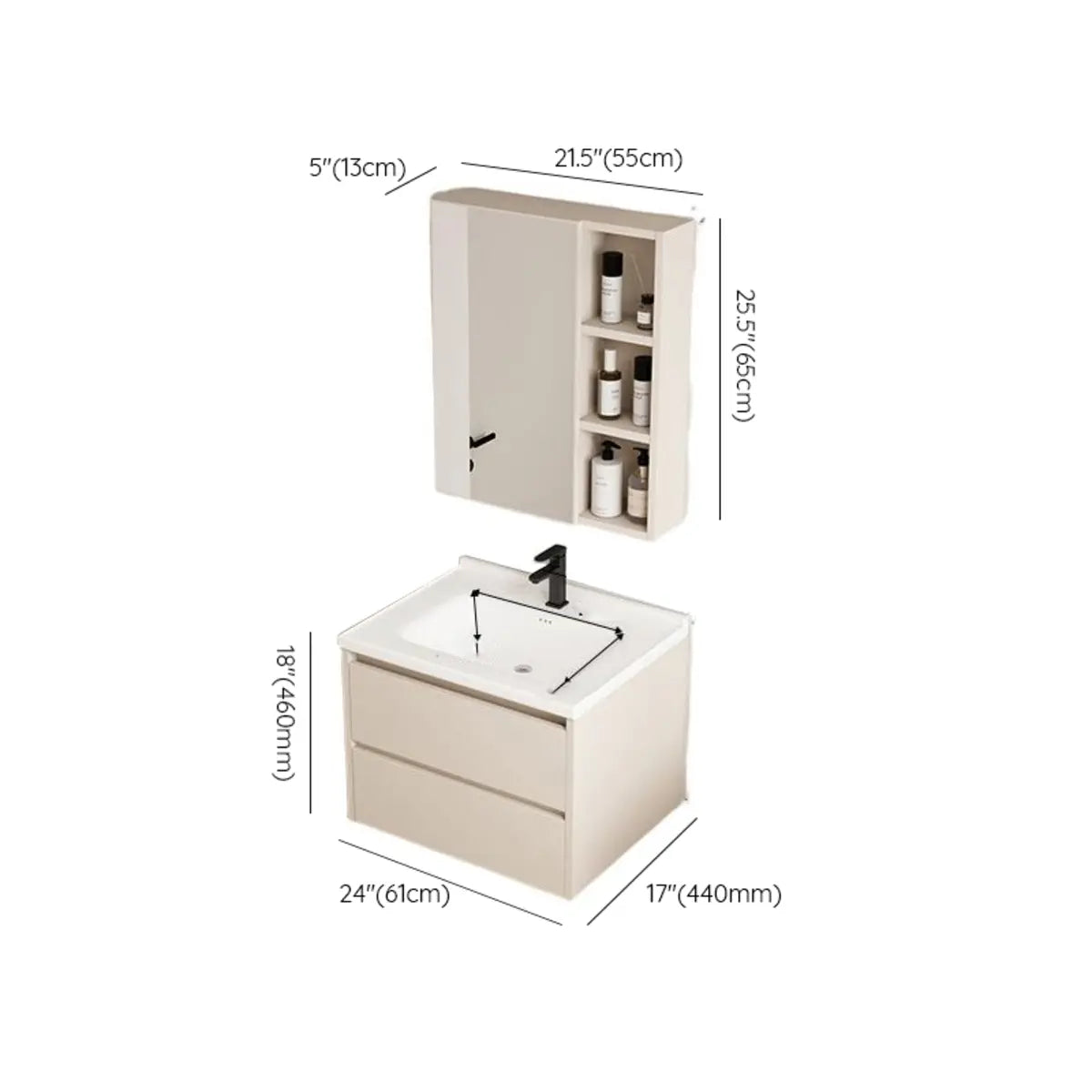 Wall Mounted Cream Sink Wood Bathroom Vanity Cabinet Image - 27