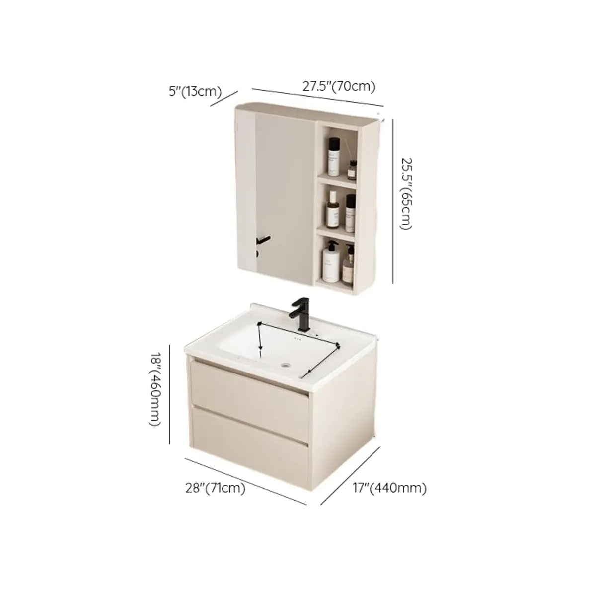 Wall Mounted Cream Sink Wood Bathroom Vanity Cabinet Image - 28