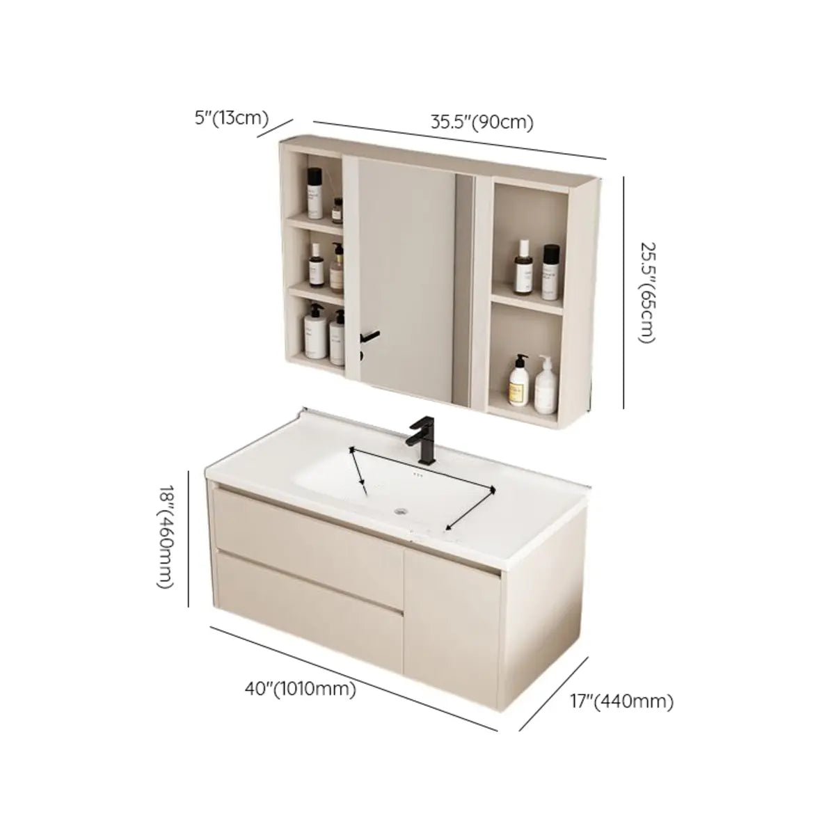 Wall Mounted Cream Sink Wood Bathroom Vanity Cabinet Image - 31