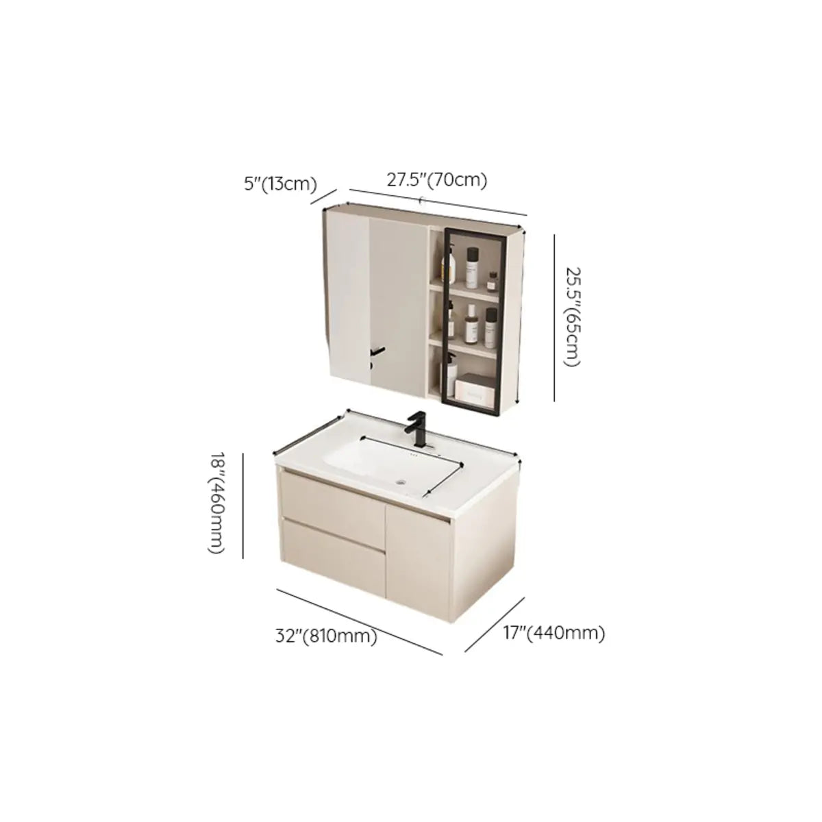 Wall Mounted Cream Sink Wood Bathroom Vanity Cabinet Image - 34