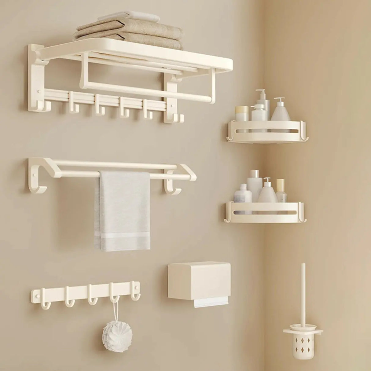 Wall-Mounted Metal White Shelf Bathroom Hardware Set Image - 4