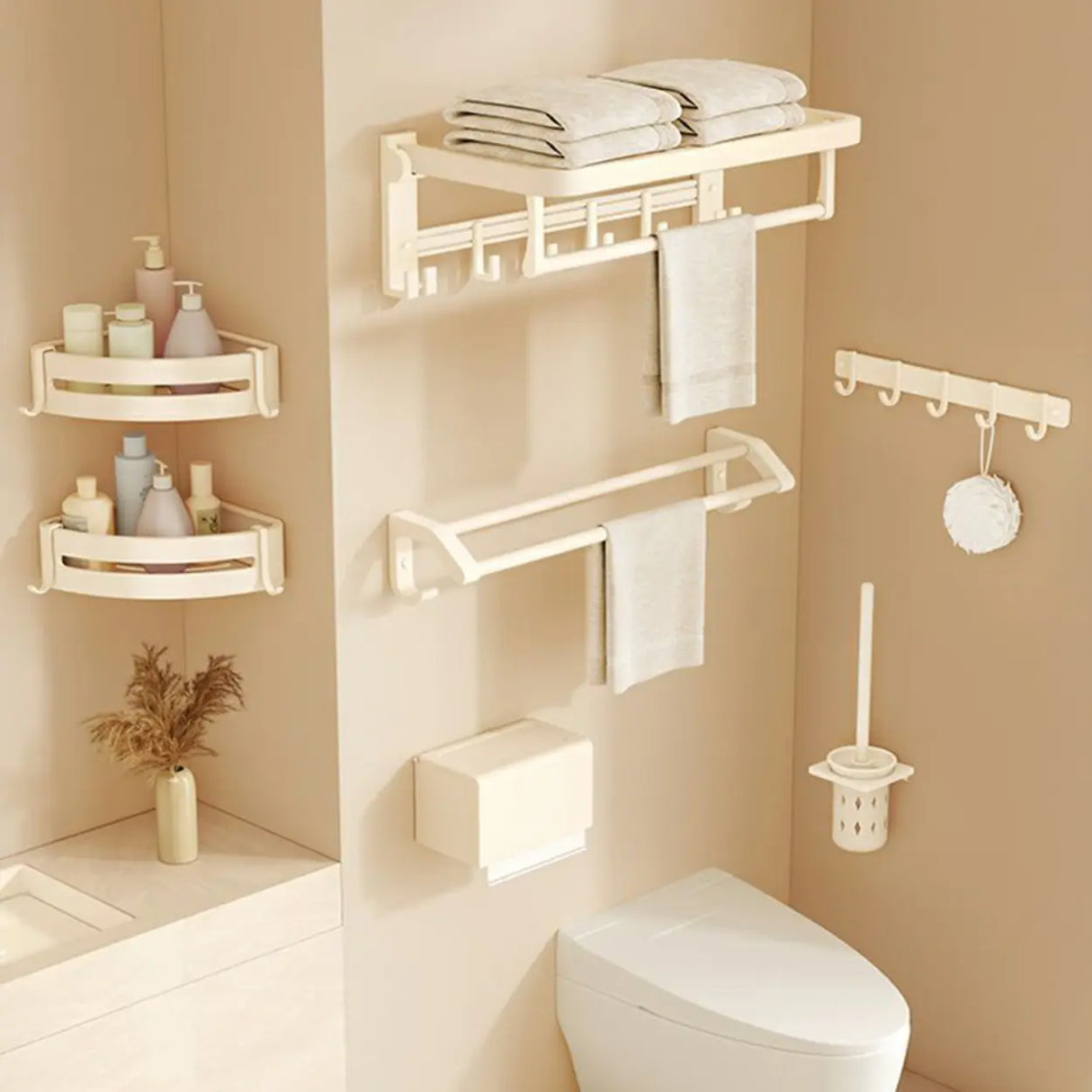 Wall-Mounted Metal White Shelf Bathroom Hardware Set Image - 6