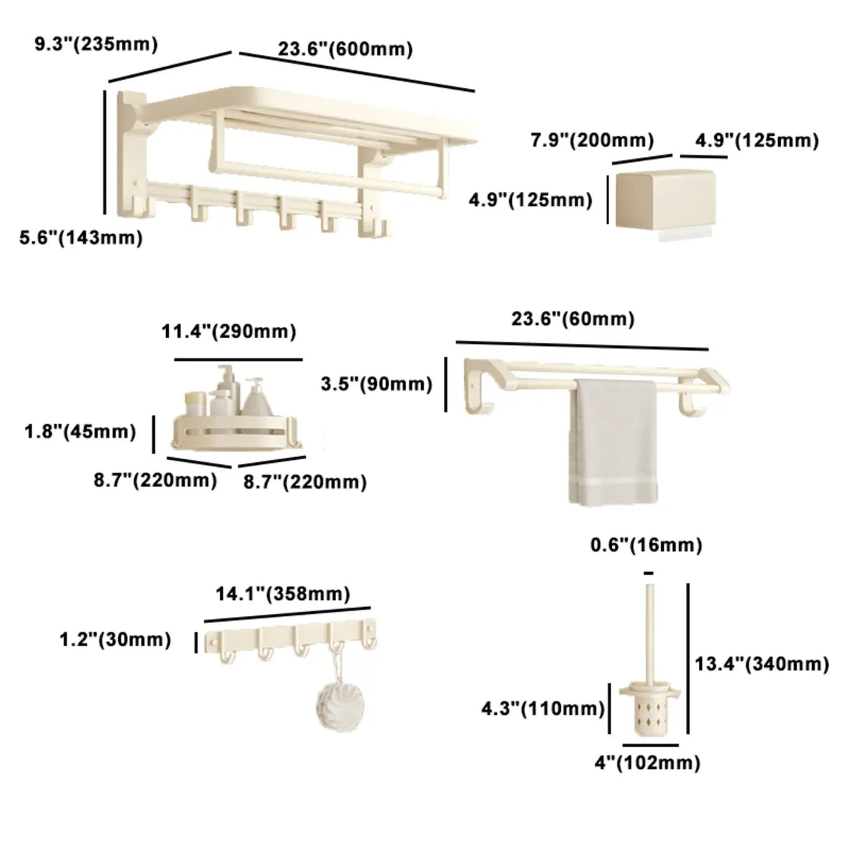 Wall-Mounted White Metal Storage Bathroom Hardware Set 