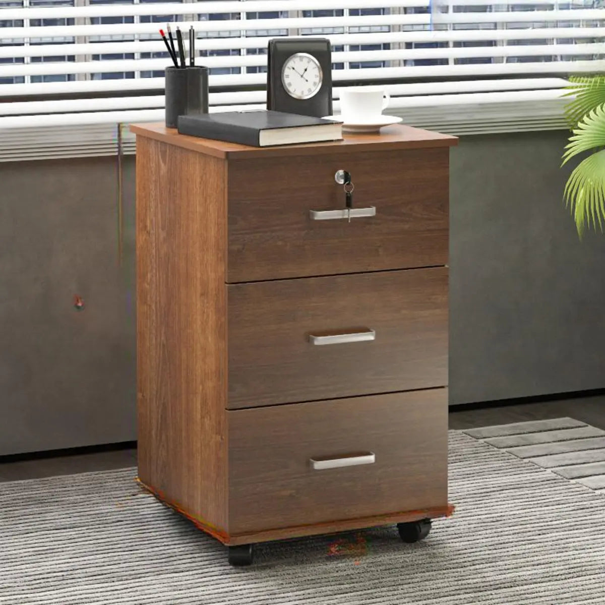 Walnut 3 Drawers Lockable Sliding Wood Filing Cabinet Image - 12