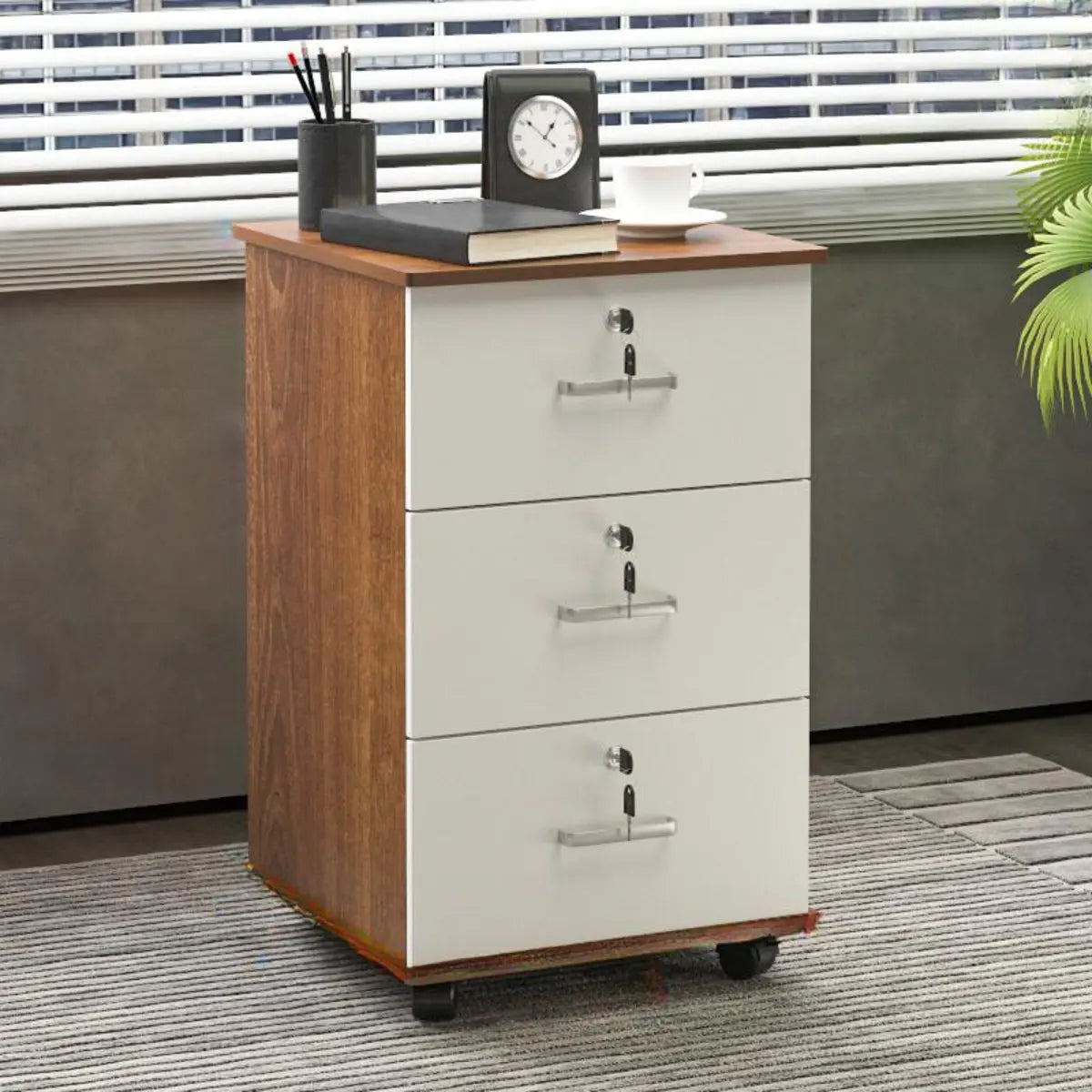 Walnut 3 Drawers Lockable Sliding Wood Filing Cabinet Image - 14