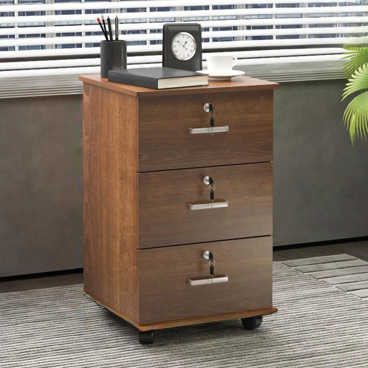 Walnut 3 Drawers Lockable Sliding Wood Filing Cabinet Image - 15