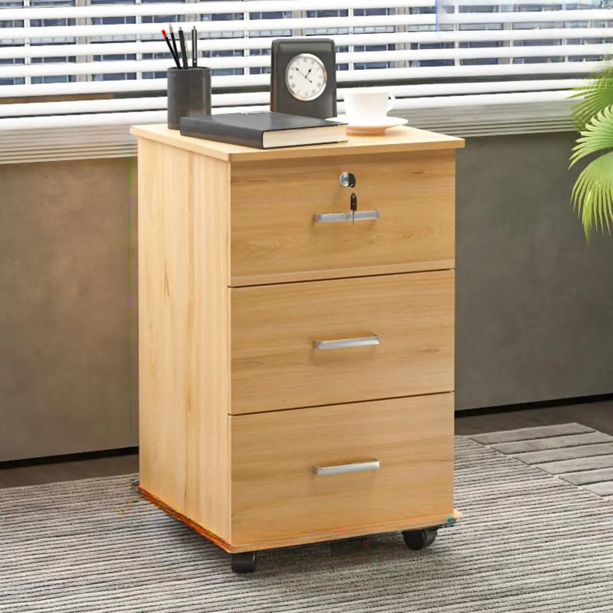 Walnut 3 Drawers Lockable Sliding Wood Filing Cabinet Image - 16