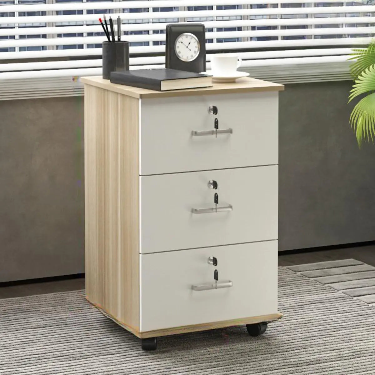 Walnut 3 Drawers Lockable Sliding Wood Filing Cabinet Image - 7