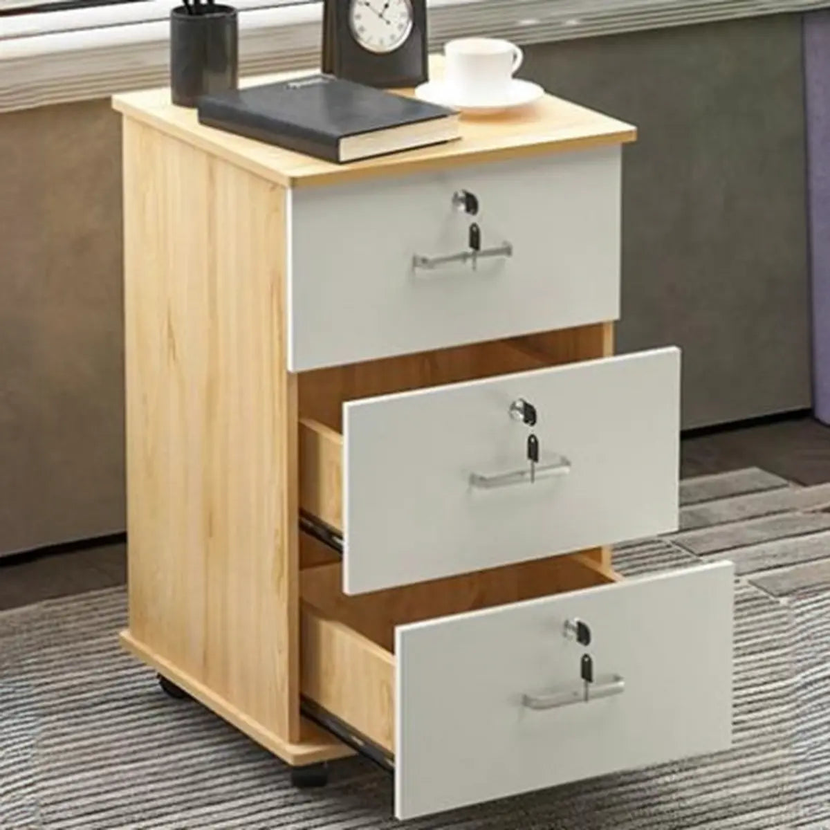 Walnut 3 Drawers Lockable Sliding Wood Filing Cabinet Image - 8