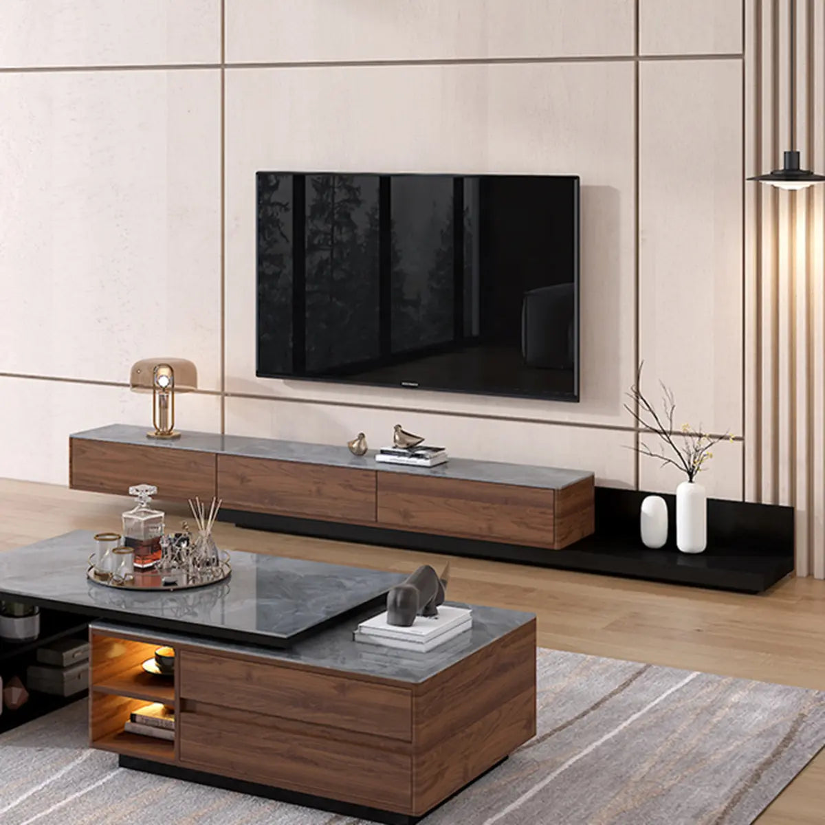 Walnut-Black Stone Rectangle Long TV Stand with Drawers Image - 1