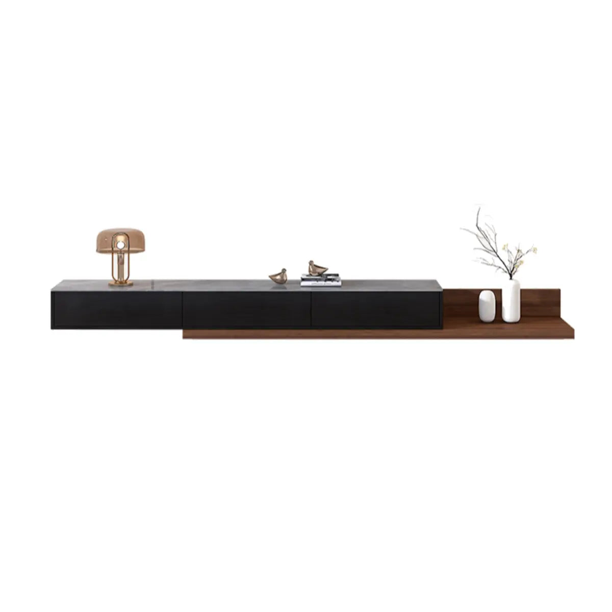 Walnut-Black Stone Rectangle Long TV Stand with Drawers Image - 18