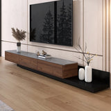 Walnut-Black Stone Rectangle Long TV Stand with Drawers Image - 8