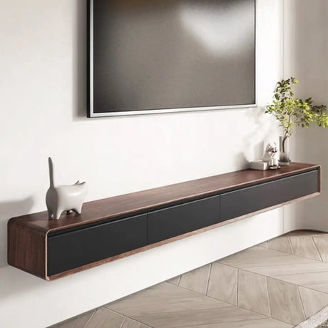 Walnut-Black Wooden Drawers Floating Mount TV Stand Image - 1