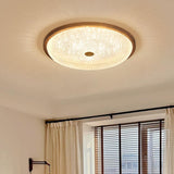 Walnut Circle Glass Wood Flush Mount Ceiling Light Image - 1